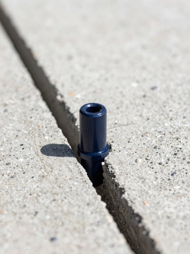 Macro close-up of a high-pressure epoxy resin injection port fixed into a concrete crack, bright natural daylight, technical details visible