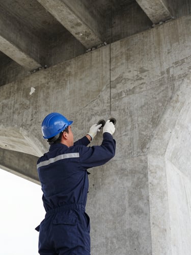 Close-up of specialized structural repair, an engineer in a navy uniform inspecting concrete injection ports on a bridge column, sharp high-contrast technical details.