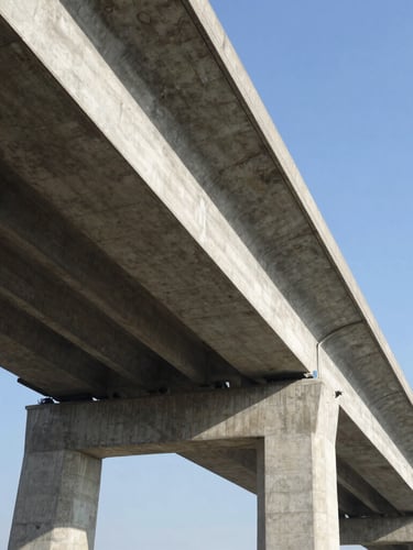 Low-angle heroic perspective of a massive reinforced concrete bridge under bright natural daylight, highlighting clean structural lines and engineering precision.