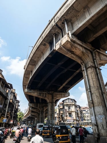 Low-angle architectural shot of a massive reinforced concrete flyover in Mumbai, bright midday sun highlighting structural forms, deep navy shadows, crisp details.