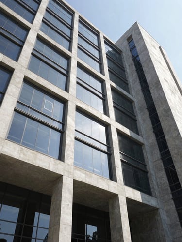 Low-angle architectural photograph of a modern corporate lobby in Mumbai, high-contrast concrete and steel elements, bright daylight streaming through double-height glass facade.