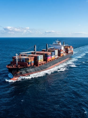Wide environmental shot of a modern deep-sea cargo vessel cutting through crisp blue water under sharp daylight, wide-angle 35mm photography