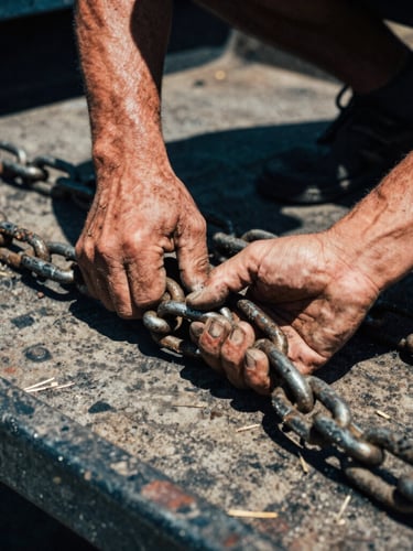 Close-up of weathered hands holding heavy steel chains on a flatbed trailer, harsh high-contrast midday Texas sun casting deep shadows, gritty blue-collar texture.