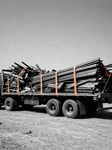 A loaded flatbed truck parked on a gritty industrial lot in Dallas, loaded with scrap metal and construction debris, harsh midday sun, safety orange tie-downs, high-contrast 35mm photography.