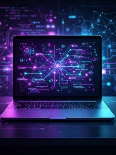 Vibrant digital illustration of sleek laptop displaying glowing code nodes, dark background, neon violet and cyan accents, clean vector shapes.