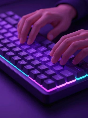 Close-up of hands typing on a mechanical keyboard, vibrant ambient neon purple backlighting, sleek modern workspace, cinematic angle