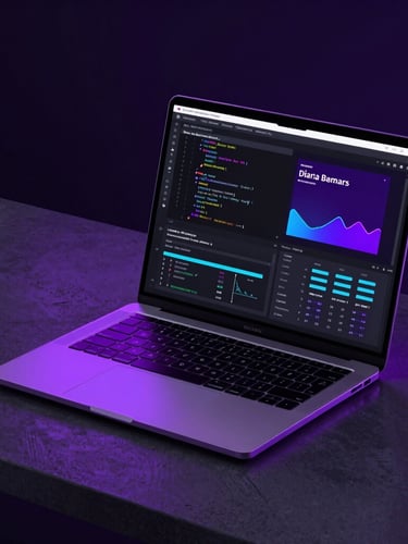 Sleek modern laptop on a dark concrete desk showing code and design timelines, vibrant purple ambient backlight, high-contrast digital workspace