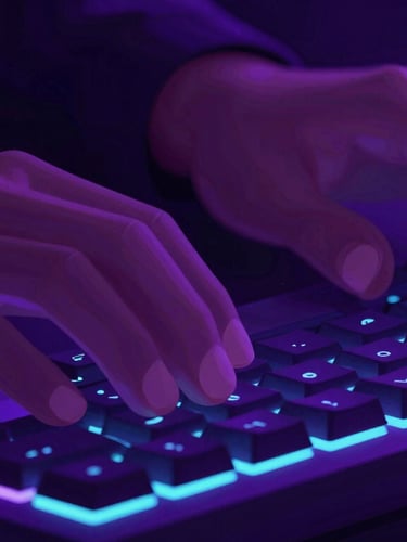 Dynamic close-up of hands typing on a glowing mechanical keyboard, dark environment, high-contrast neon purple ambient backlighting, vector tech aesthetic.