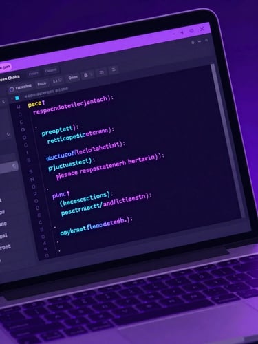 Close-up of sleek laptop displaying code editor with neon violet glowing lines, dynamic angle, dark background