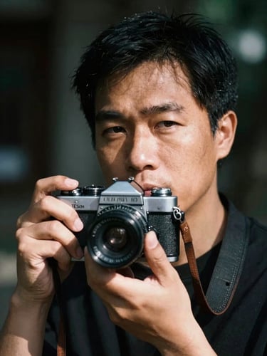 A close-up portrait of Vietnamese photographer Nguyen Hoa Bac holding a vintage mechanical camera, high-contrast natural light, deep shadows, cinematic editorial, 35mm film grain