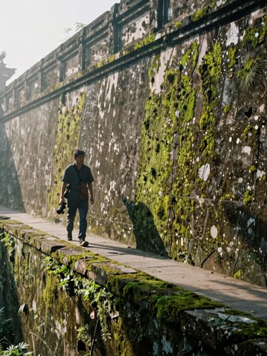 A wide environmental shot of a photographer walking along an ancient mossy wall in Hue, misty morning light, deep shadows, cinematic documentary photography