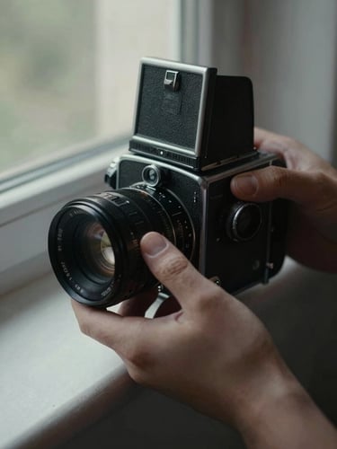 Close-up of hands adjusting a vintage medium-format camera lens, soft natural window light, deep shadows, cinematic tones, 35mm film grain