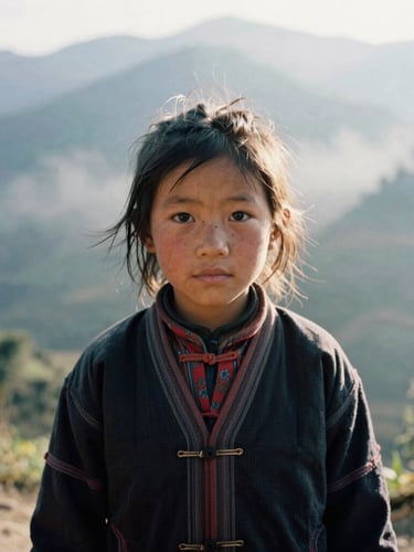 Cinematic portrait of a Hmong child in Sapa, misty morning light, soft smoke texture in the background, authentic expression, 35mm film grain, high-contrast natural light