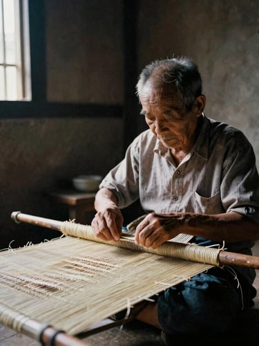 Cinematic portrait of an elderly artisan weaving a traditional mat in a rustic Tây Ninh workshop, high-contrast natural light from a side window, deep shadows, 35mm film grain, muted organic tones