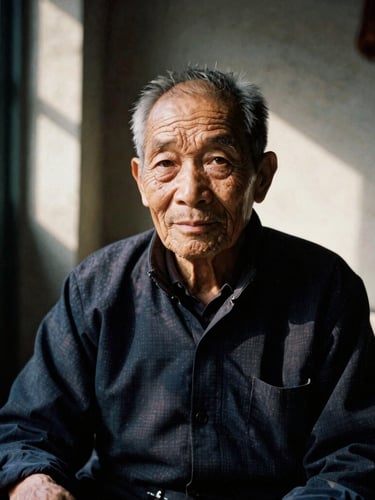 Cinematic portrait of an elderly Vietnamese artisan in Hanoi, deep facial wrinkles, natural window light casting deep shadows, 35mm film grain, muted organic tones, high-contrast editorial photography