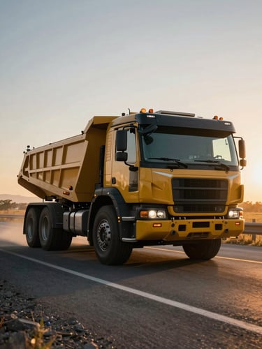Cinematic industrial photography of a heavy-duty modern truck driving through the Bajío highway at sunrise, sharp focus, high contrast, golden hour light, 35mm lens