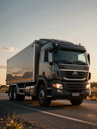 Low-angle heroic profile of a modern heavy-duty truck on a highway in Celaya, dramatic golden-hour light, sharp focus, cinematic industrial photography