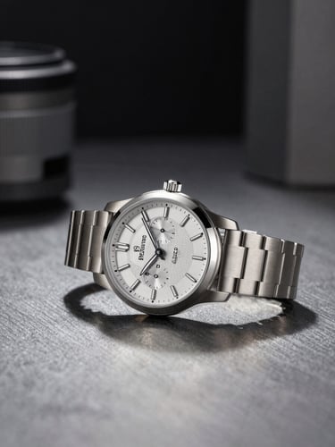 Sharp product photography of a premium designer watch on a cool metal surface, dramatic high-contrast studio lighting, dark minimalist industrial background