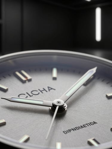 Tight macro shot of a luxury watch dial, glowing hands, dramatic high-contrast studio lighting, dark minimalist industrial background.