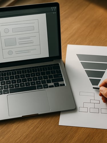 Overhead shot of a desk with an open laptop showing a Figma wireframe alongside a printed campaign architecture diagram, a hand holding a pen pointing at a funnel stage, natural daylight from a window