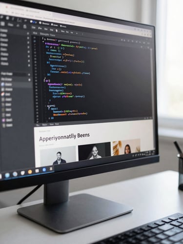 Close-up of a monitor showing a website build in a code editor alongside a browser preview, clean desk environment, sharp natural daylight from the right side, keyboard partially in frame