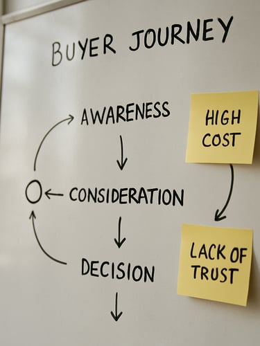 Close-up of a whiteboard covered in annotated buyer journey notes, arrows connecting decision stages, sticky notes with handwritten friction points, bright natural office daylight from the left