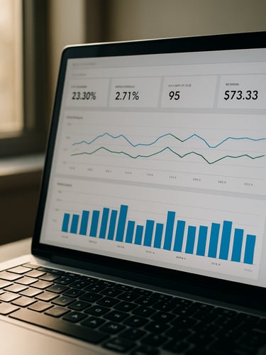 Close-up of a laptop screen showing a live Google Ads campaign dashboard, annotated with conversion rate metrics and cost-per-lead figures, bright natural window light from the left, data charts visible mid-screen