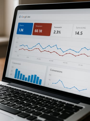 Close-up of a laptop screen showing a live Google Ads dashboard with campaign performance metrics, click-through rates and conversion data visible, bright natural light from a nearby window, desk surface partially visible