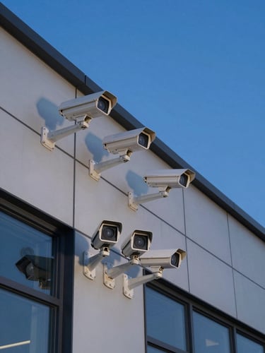 Wide environmental shot of a professional CCTV camera array mounted high on a commercial building exterior, clean conduit runs visible along the facade, dusk lighting with deep blue sky behind, precise installation framing