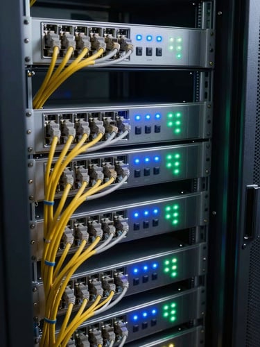 Close-up interior of a clean server cabinet with neatly routed ethernet and coaxial cables in conduit, rack-mounted NVR units with indicator LEDs glowing blue and green, studio strobe lighting revealing cable termination detail