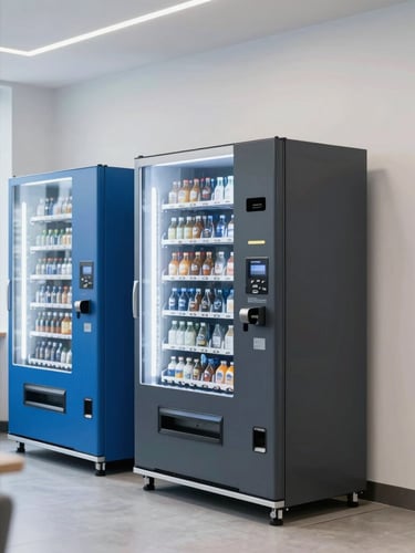 Sleek modern vending machines integrated into a clean, well-lit corporate breakroom, bright natural interior light, cool blue and charcoal tones, sharp focus, architectural framing.