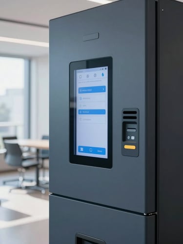 Crisp architectural close-up of a digital payment interface on a minimalist vending machine in a modern office breakroom, natural morning light, sharp focus.