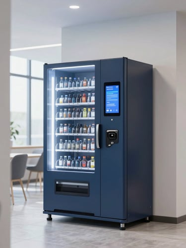 Sleek modern vending machine integrated into a bright corporate breakroom, digital payment screen glowing, natural interior lighting, clean architectural framing.