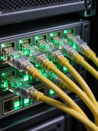 Macro close-up of meticulously organized ethernet cables glowing under cold green LED terminal lights in a dark server rack