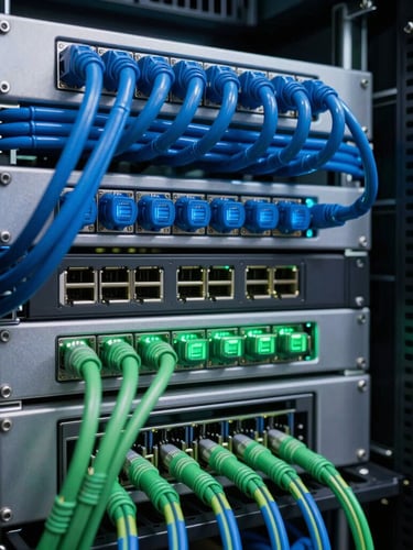 Macro shot of a clean, cool-toned server rack with meticulous blue and green cable management, glowing terminal interface in a highly secure regional data center