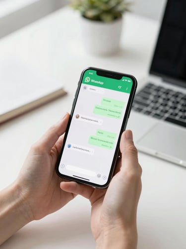 Bright high-key commercial photography, a clean minimalist tech workspace with a hand holding a smartphone showing a green WhatsApp chat interface, soft natural daylight, shallow depth of field, 35mm