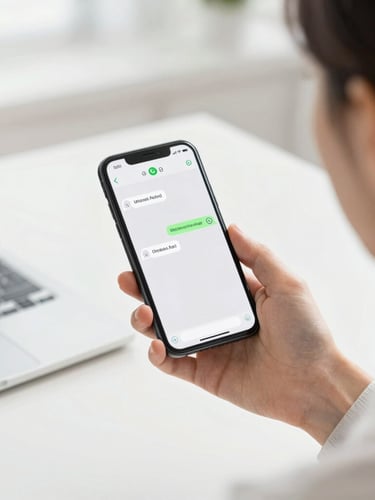 Over-the-shoulder shot of a business owner holding a smartphone showing a clean WhatsApp chat template with a verified green tick