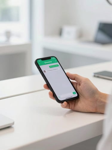 Bright high-key commercial photography of a modern retail counter, soft natural daylight, a customer holding a phone showing a WhatsApp notification, shallow depth of field, 35mm