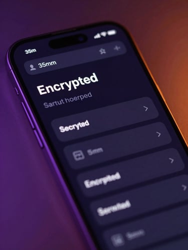 Sleek close-up of a mobile device showing a secure encrypted portal dashboard with subtle purple and orange ambient light, sharp focus, 35mm