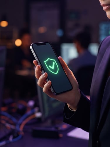 Sleek corporate technology photography, a person holding a mobile device displaying a secure encrypted green checkmark, dark purple and lilac ambient rim-lighting, sharp focus, 35mm