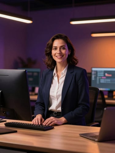 Environmental portrait of a community organizer in a modern workspace, warm ambient lighting, professional tech aesthetic, 35mm