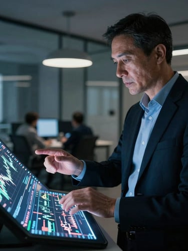 Portrait of a professional mentor in a modern, architectural trading office, hands gesturing towards a complex financial chart on a large tablet, low-light environment with soft screen glow, cool tones, focused, 35mm