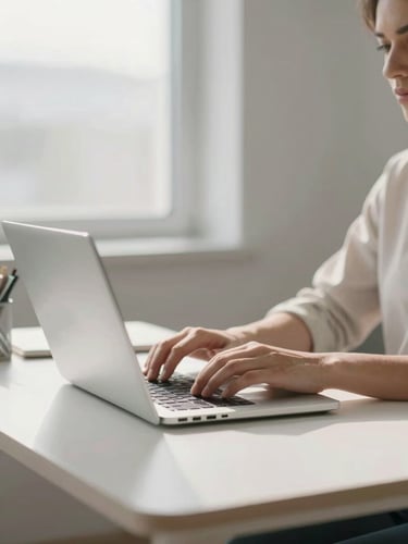 A focused professional in a bright, natural daylight office environment using a laptop, clean modern desk, soft shadows, shallow depth of field, 35mm.