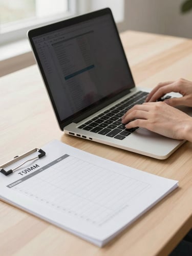 A close-up of hands typing on a sleek laptop next to a neatly printed checklist on a minimalist wooden desk, bright daylight, 35mm