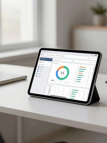 A modern office desk with a tablet displaying a clean dashboard and tracking metrics, soft window light, professional workspace, 35mm