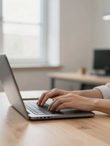 A bright modern office space with a clean wooden desk, hands typing on a laptop, soft natural window light, shallow depth of field, 35mm