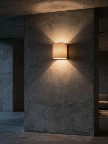 Dramatic architectural interior photography, a modern concrete living room at twilight, a single fabric wall sconce casting a warm localized pool of light on textured plaster, 50mm