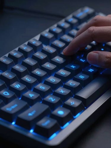 Macro close-up of hands typing on a modern mechanical keyboard, glowing blue indicators, dark high-tech studio environment, sleek tech photography, sharp focus