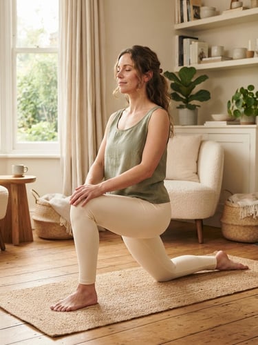 A warm editorial photograph of a woman practicing a gentle yoga pose in a sunlit living room, soft natural window light, sage and cream tones, shallow depth of field.