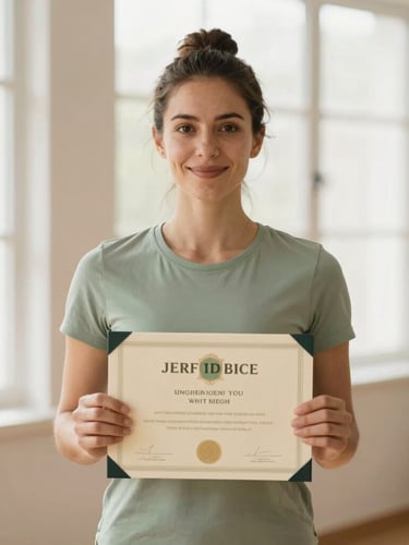 A professional portrait of a verified yoga tutor holding a certificate, warm natural window light, calming sage and cream tones, shallow depth of field.